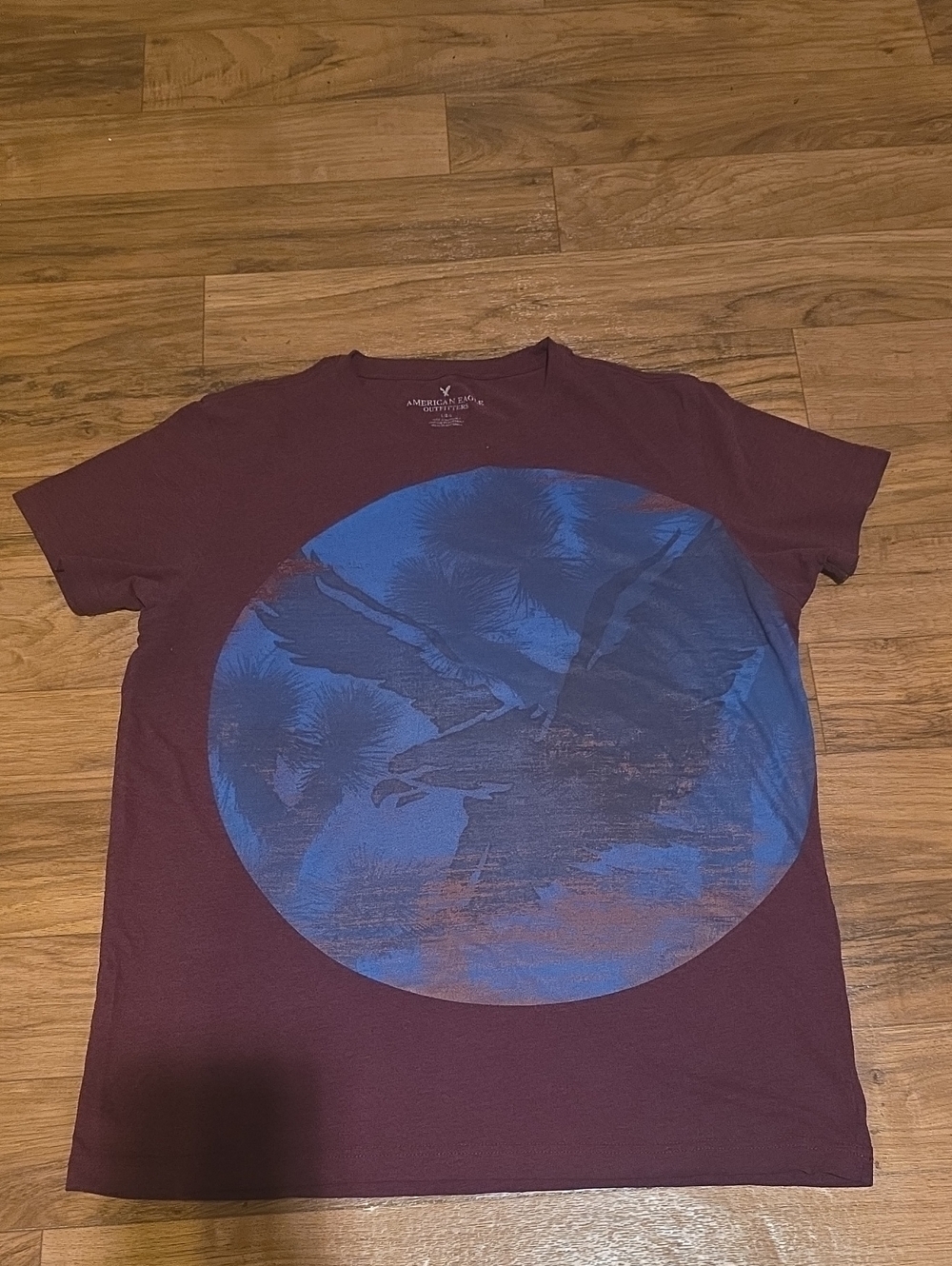 American Eagle Outfitters Men's Maroon Tee with Blue Circle Graphic